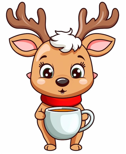 cartoon deer holding a cup of coffee with a scarf on his head generative ai