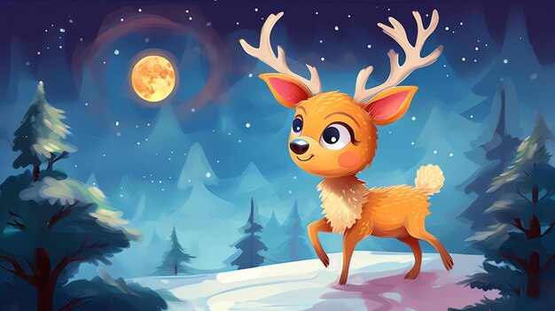 a cartoon of a deer in a snowy landscape