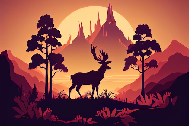 Cartoon deer with antlers at sunset Generative AI