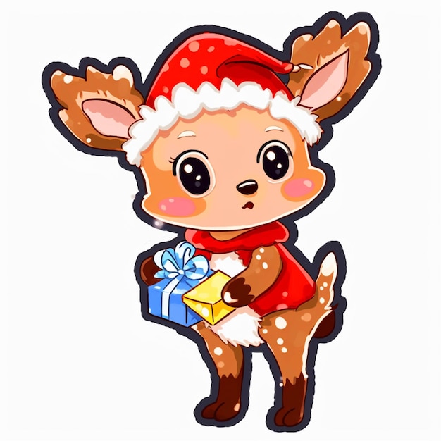 Cartoon deer with santa hat holding a present box generative ai
