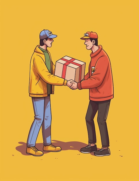 A cartoon of a delivery man handing a package to another man