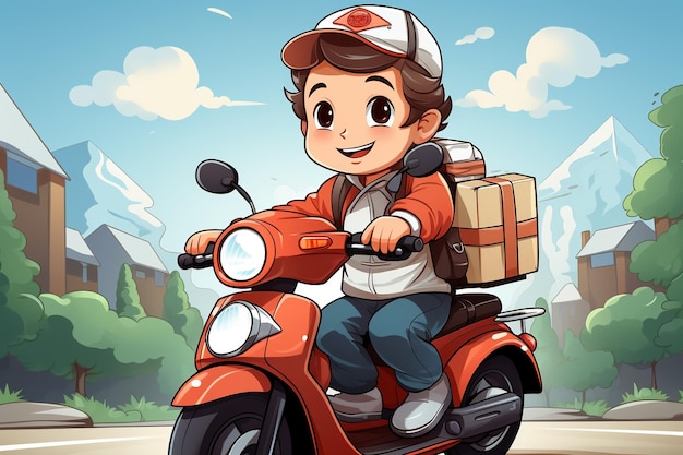 Cartoon delivery man on moped fast transport express home delivery online order Generative Ai
