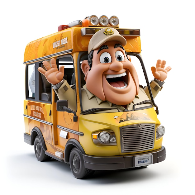 Foto distributore di cartoni animati con un autobus giallo illustrazione 3d