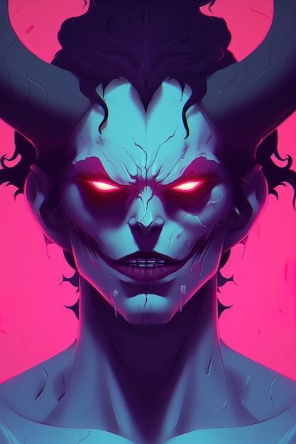 A cartoon of a demon with glowing eyes and a pink background