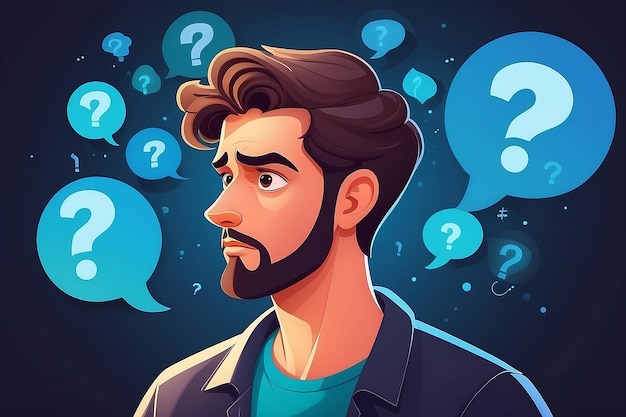 Cartoon denkende man met vraagteken vector illustratie Man is verwarrend Portret van bedachtzame jongen slimme mannen die denken of een probleem oplossen Denkende man omringd door denkbubbels