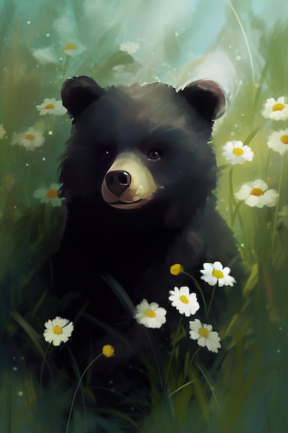 a cartoon depiction of a black bear walking across a meadow of daisies