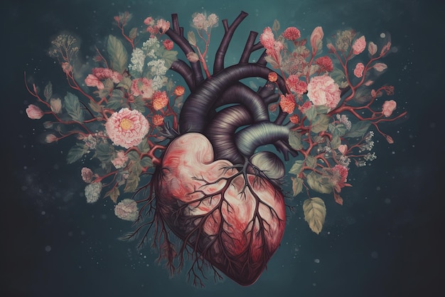 a cartoon depiction of a human heart surrounded by a bouquet of flowers