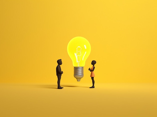 Cartoon depiction of a man and a woman holding a light bulb against a yellow backdrop AI generated