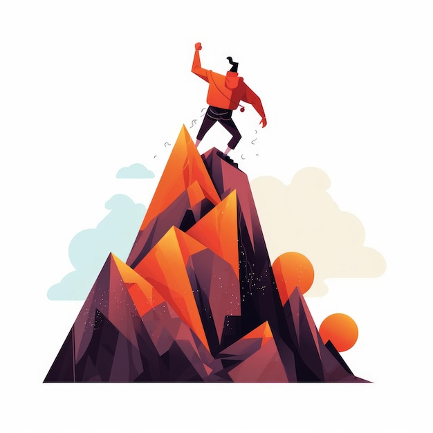 Photo cartoon depiction of a mountain climber reaching the top of a peak on white ai generated