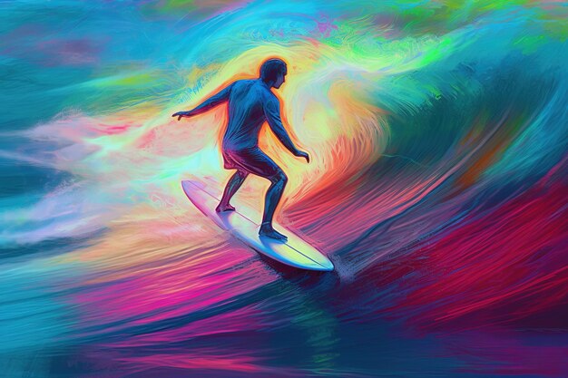 a cartoon depiction of a surfer surfing a brightly colored wave