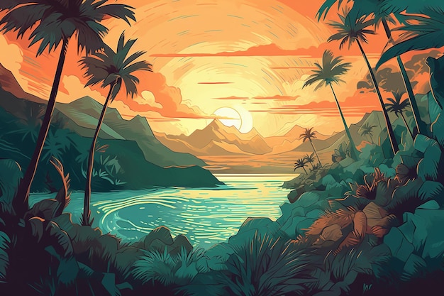 a cartoon depiction of a tropical evening sky with palm palms
