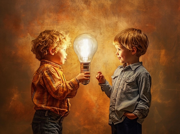 Cartoon depiction of two young kids holding a light bulb AI generated