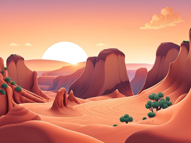 Cartoon desert landscape with cactus hills sun and mountains silhouettes nature horizontal back