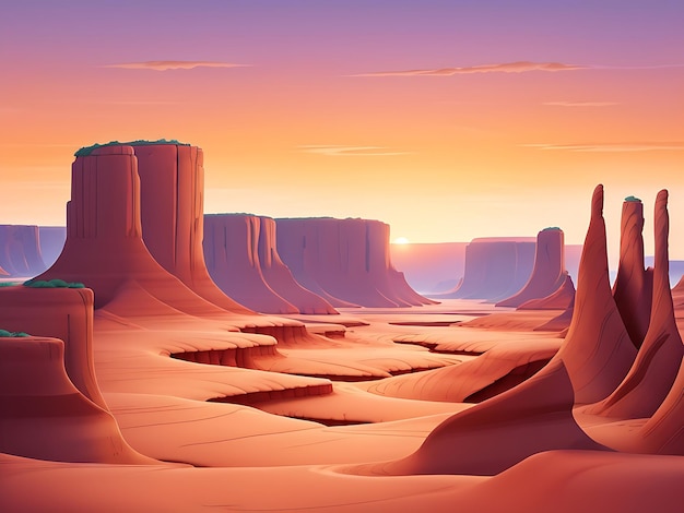 Карикатурный пейзаж пустыни с кактусами, холмами, солнцем и горами, силуэтами природы, горизонтальной спиной.