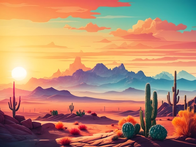 Cartoon desert landscape with cactus hills sun and mountains silhouettes