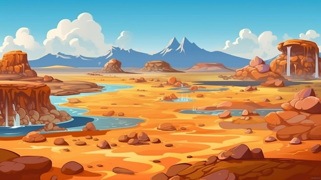 A cartoon desert landscape with a river and mountains generative ai