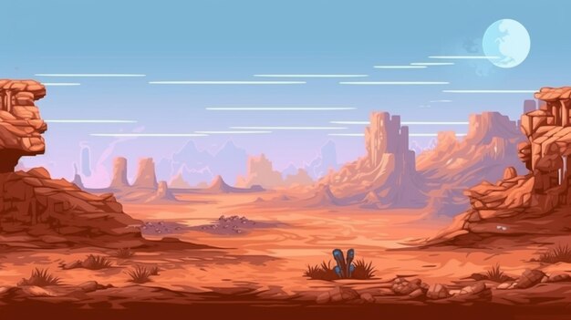 A cartoon desert landscape with rocks and plants generative ai