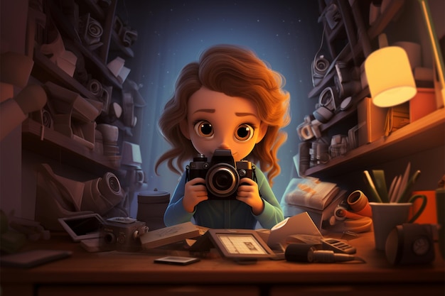 カメラを握っている写真家の女の子のためのアニメデザイン