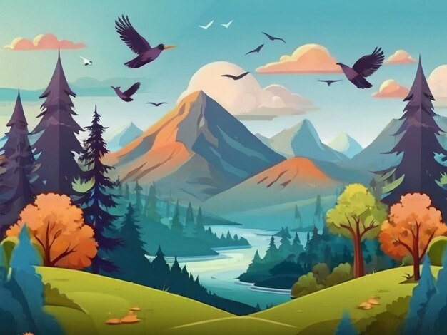 мультфильмы векторные пейзажи горы лес и летающие птицы