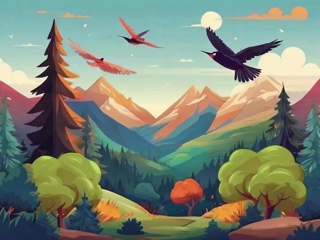 мультфильмы векторные пейзажи горы лес и летающие птицы