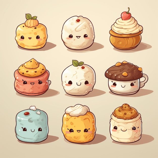 cartoon desserts with faces and faces drawn in different colors generative ai