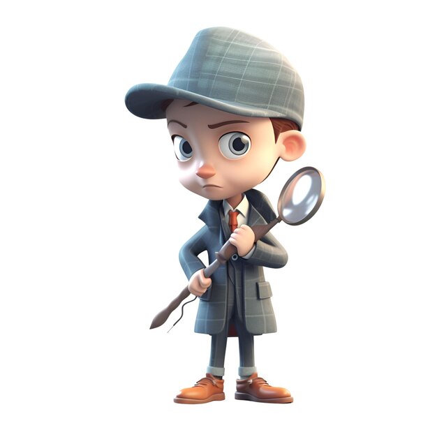 Cartoon detective with a magnifying glass on a white background