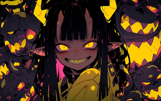 Photo a cartoon of a devil with yellow eyes and black hair