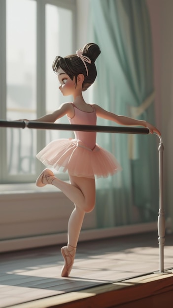 Cartoon digitale avatar van een kind balletdanser die oefent bij de barre in een roze dansoutfit