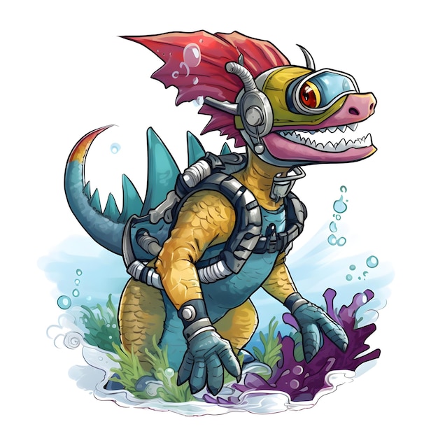 A cartoon of a dinosaur in a diving suit