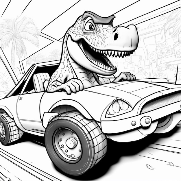 Photo a cartoon dinosaur driving a car with a large open roof generative ai