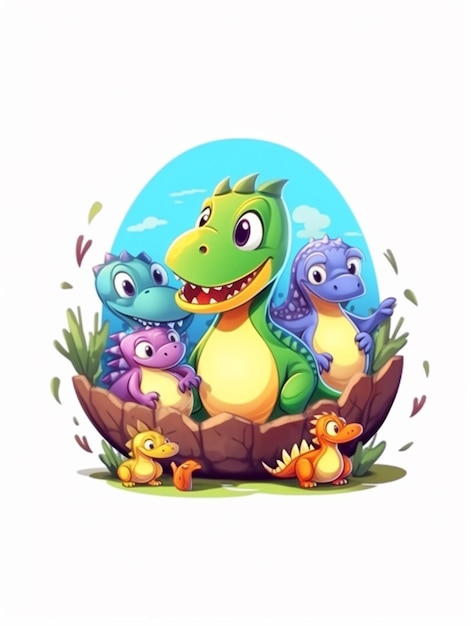 Семья динозавров из мультфильмов с их динозаврами-младенцами, сидящими на скале.