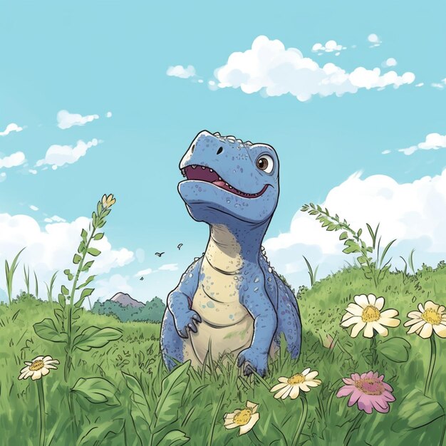 A cartoon of a dinosaur in a field of flowers