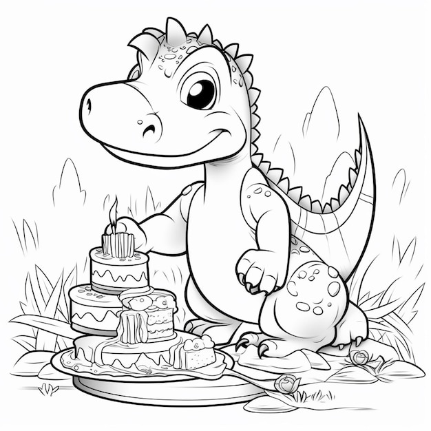 Foto un dinosauro cartone animato sta tagliando una torta con sopra il numero 2.