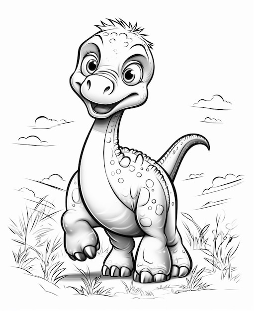 a cartoon dinosaur is standing in the grass with a sky background generative ai