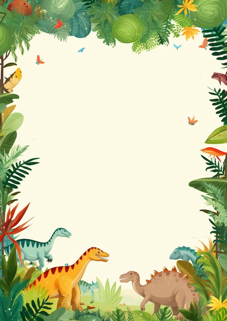 Photo a cartoon dinosaur and other animals in the jungle with a blank paper generative ai