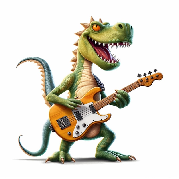 Cartoon dinosaur playing a guitar and singing with a smile generative ai