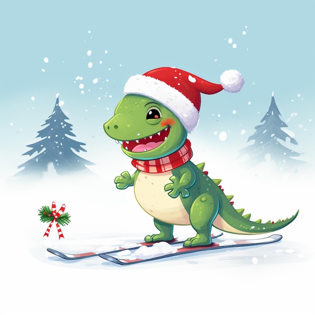 cartoon dinosaur in a santa hat on a snowboard generative ai