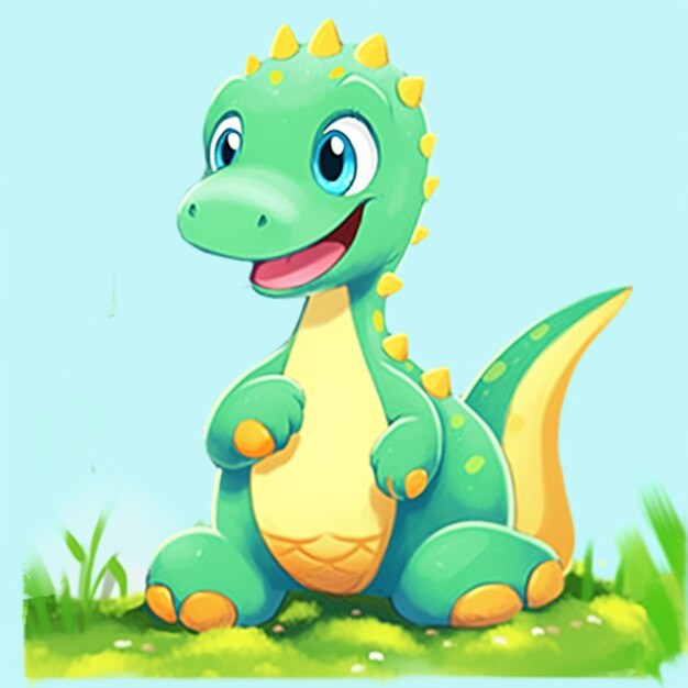 cartoon dinosaur sitting on the grass with a blue sky background generative ai