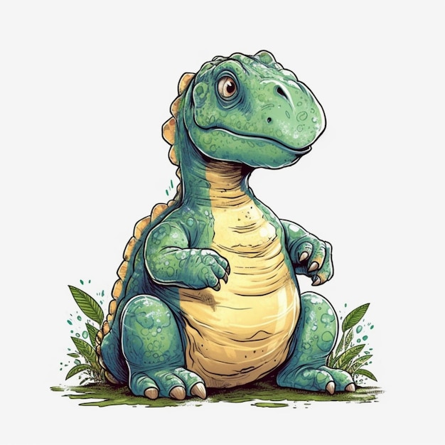 Cartoon dinosaur sitting on the ground with grass and leaves generative ai