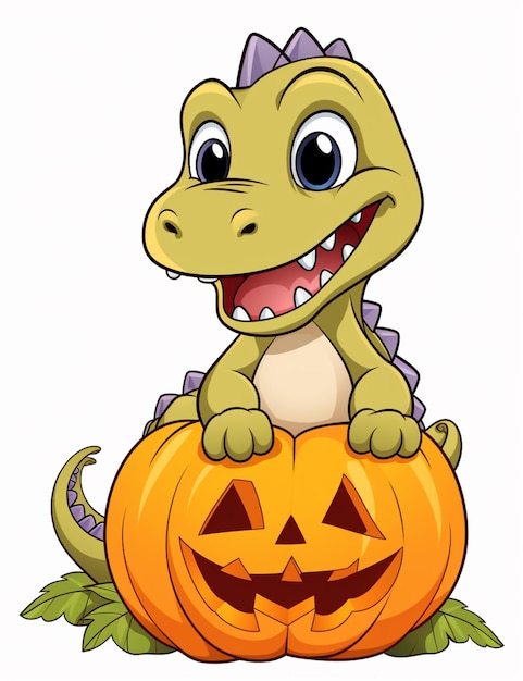 cartoon dinosaur sitting on a pumpkin with a smile generative ai