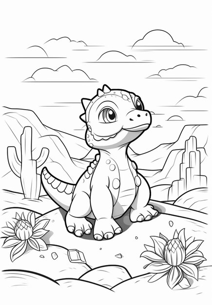 사막 생성 인공 지능의 바위에 앉아 있는 만화 공룡