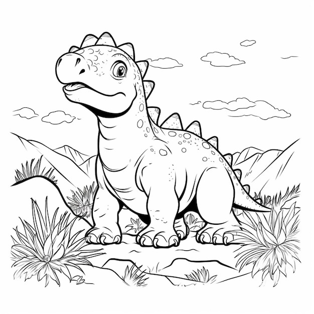 a cartoon dinosaur sitting on a rock in the grass generative ai