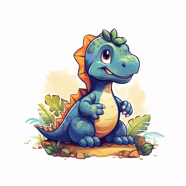 cartoon dinosaur sitting on a rock with leaves and grass generative ai