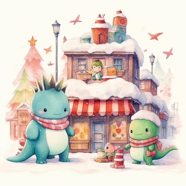 A cartoon of a dinosaur and a storefront with a storefront in the background.