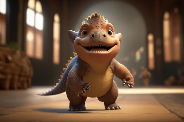 A cartoon dinosaur with a big smile on his face.