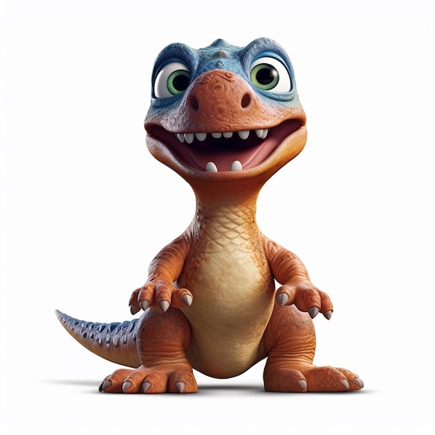 A cartoon dinosaur with a blue face and blue eyes is standing on a white background.