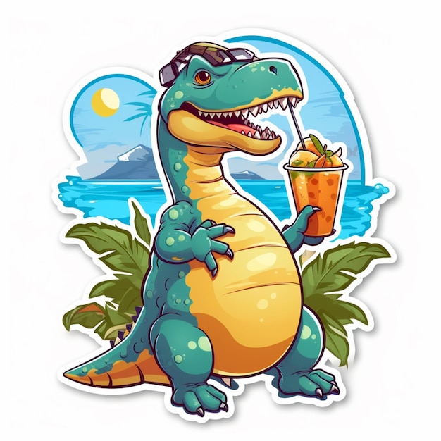 A cartoon dinosaur with a drink on his head is holding a bucket of ice.