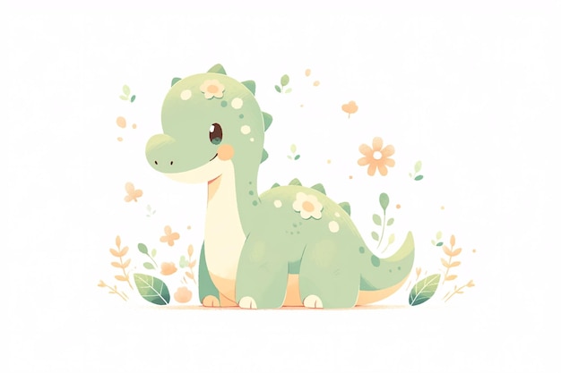 Photo a cartoon of a dinosaur with flowers and a picture of a dinosaurcute dinosaur illustration childre