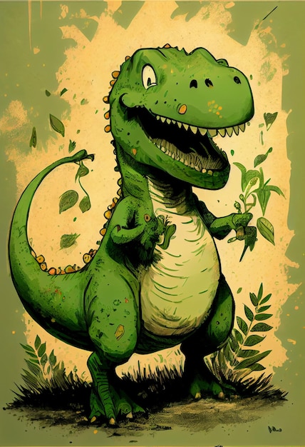 Мультяшный динозавр с зеленым тираннозавром на шее.