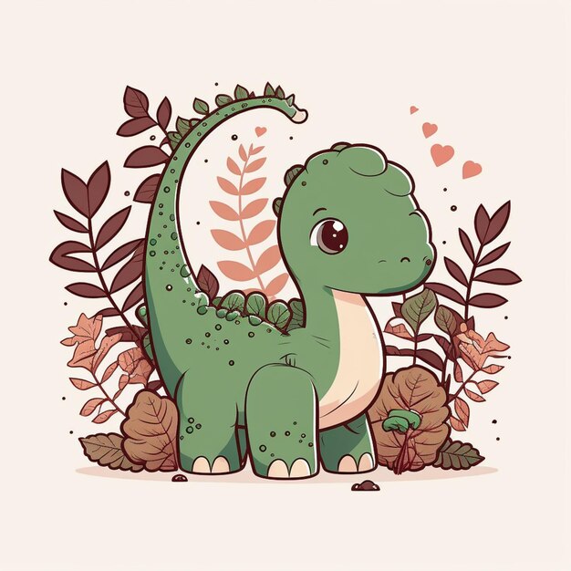 Photo cartoon dinosaur with leaves and hearts in the background generative ai
